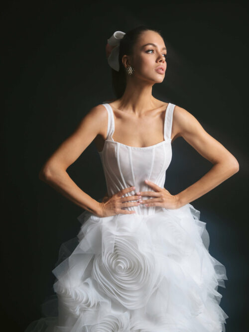 couture wedding dress Remua with fluffy 3d tulle flowers on the skirt by ange etoiles 4