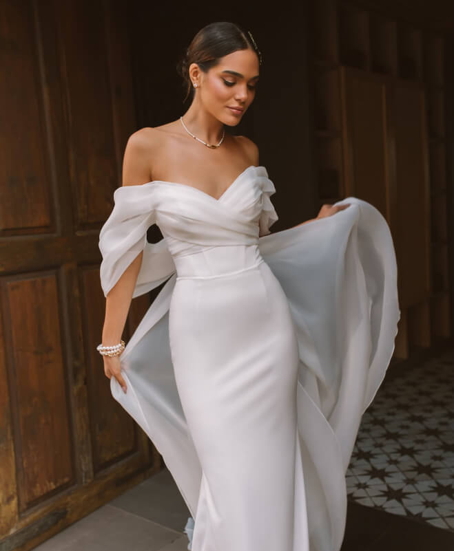 simple fitted wedding gown Vetta by rara avis designer from satin fabric with organza wings