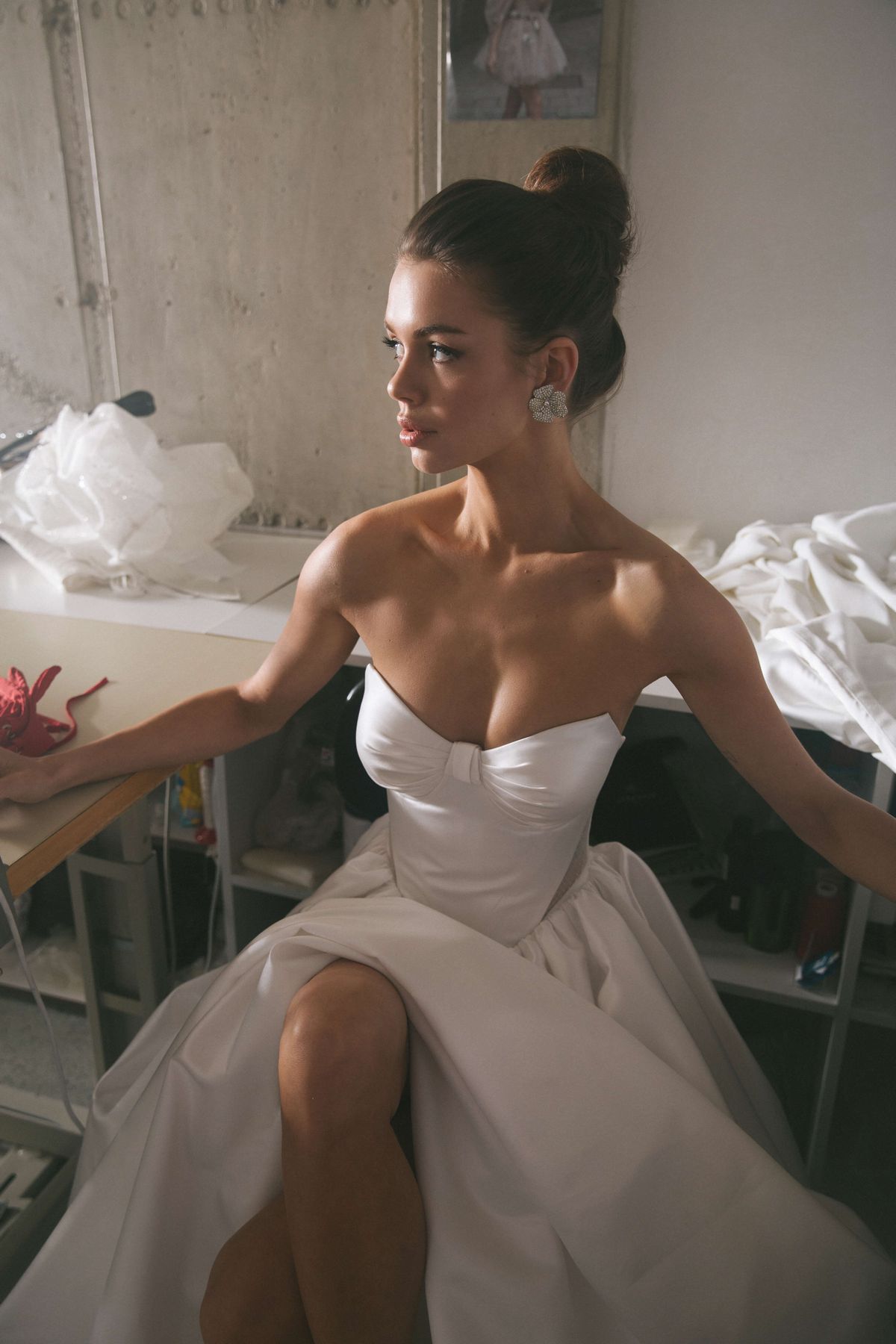 simple wedding dress Viura with the bow on the bodice neckline and on the back of the dress by ange etoiles, nz 1