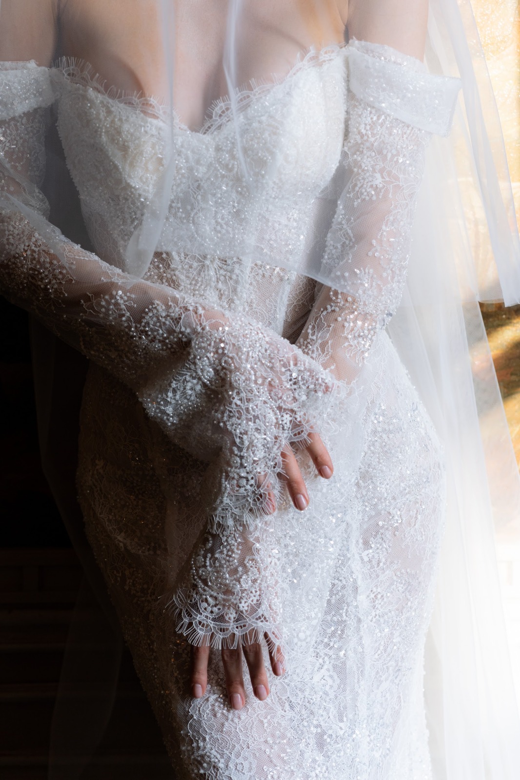 beaded wedding dress Falcon with fine lace from dellamore bridal, nz