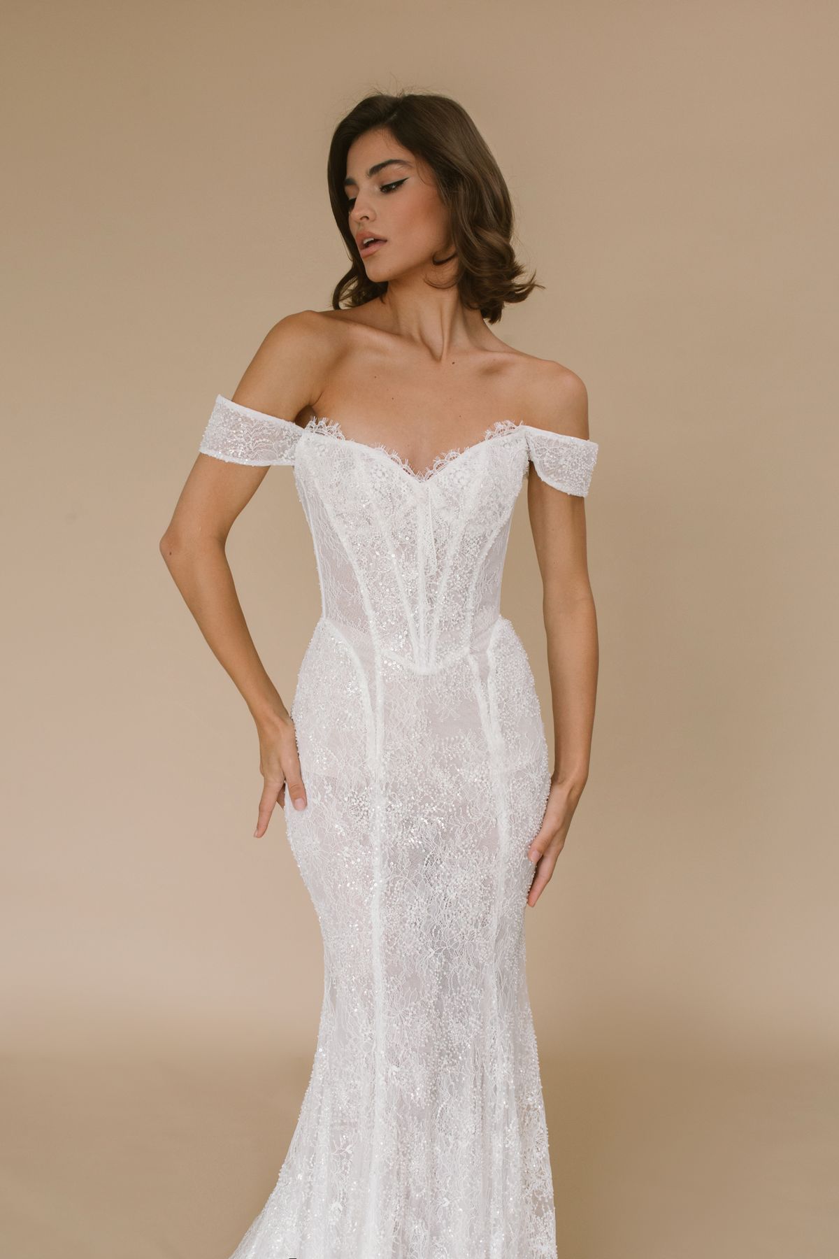 fit and flare wedding dress Falcon with long sleeves and off-shoulder sleeves by rara avis, nz 1