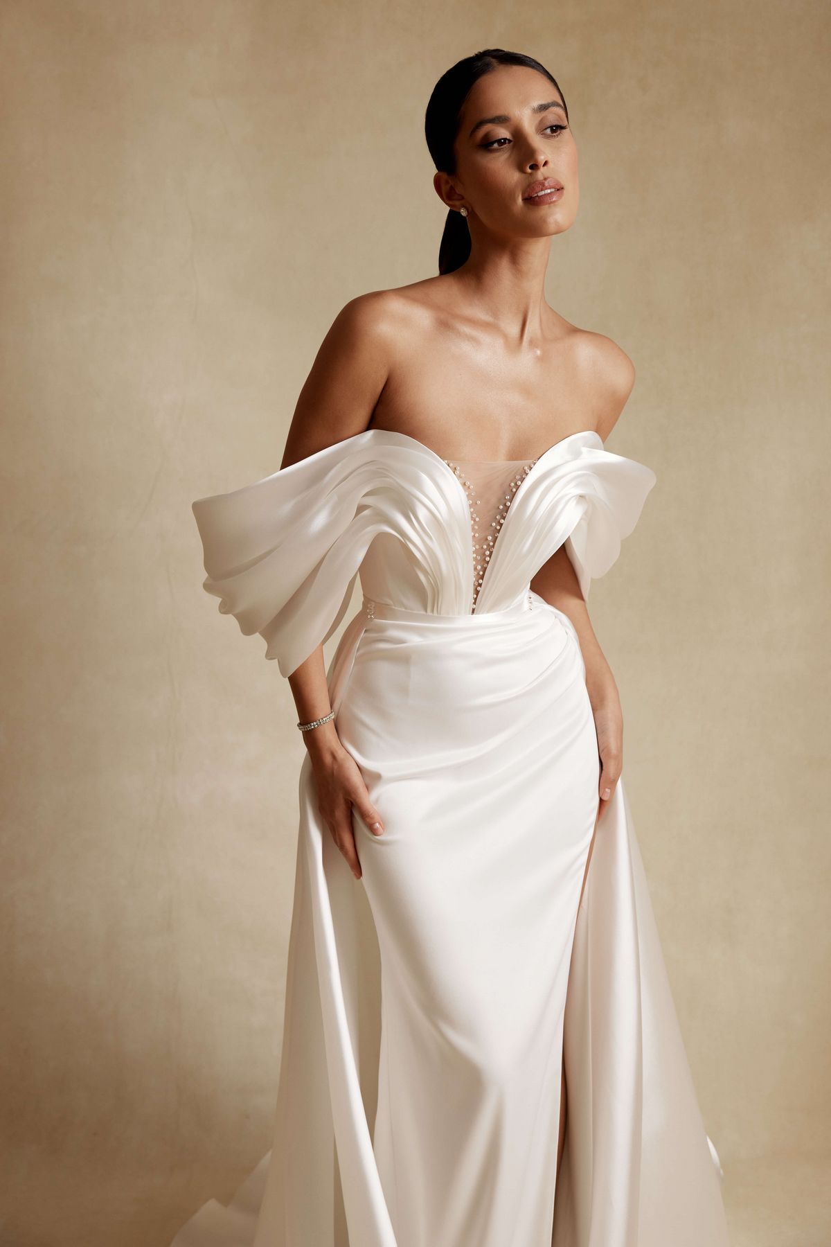 satin convertable wedding dress Izola with overskirt by rara avis, nz 1