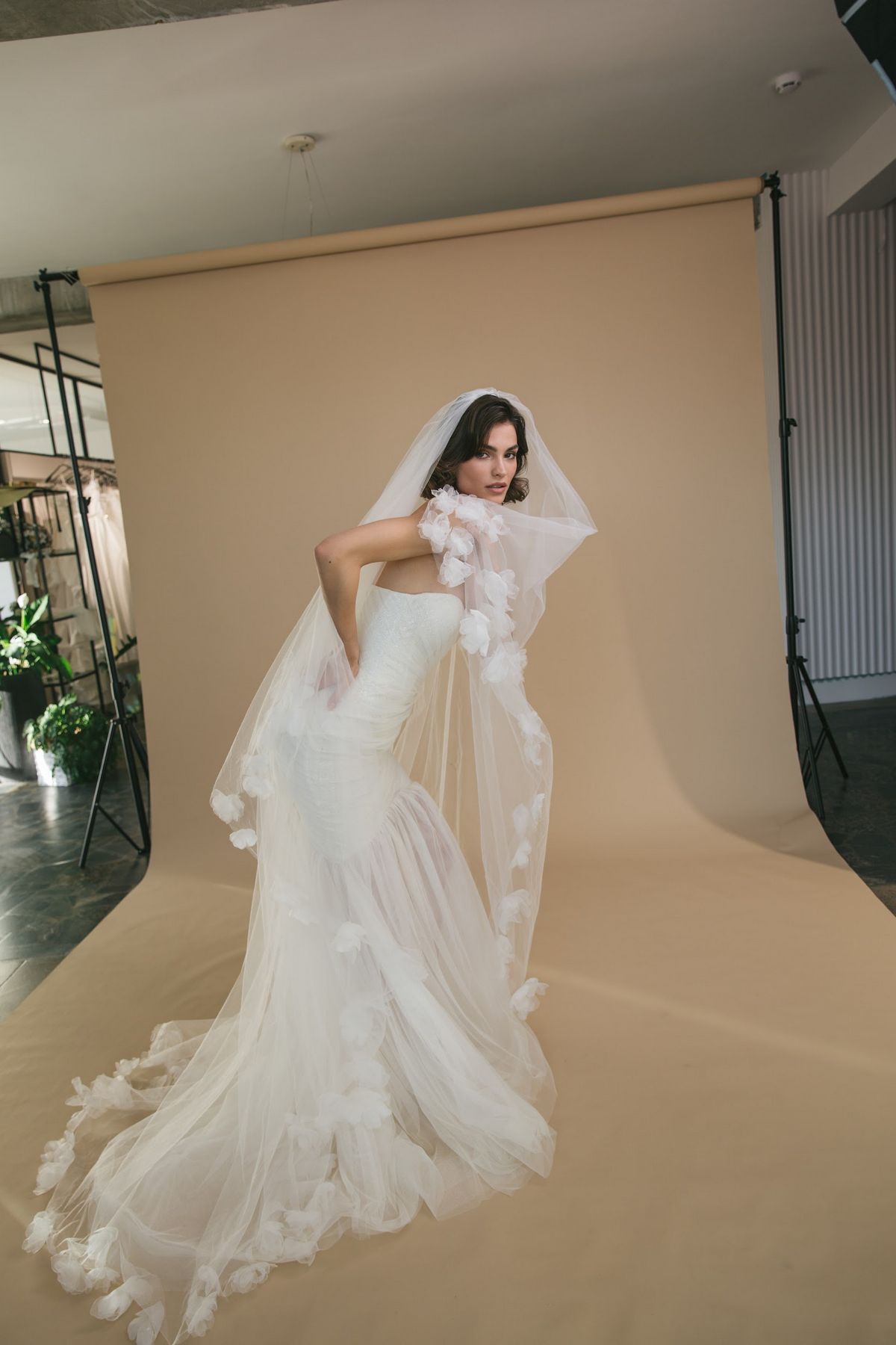 bridal veil with organza 3D flowers, nz 3