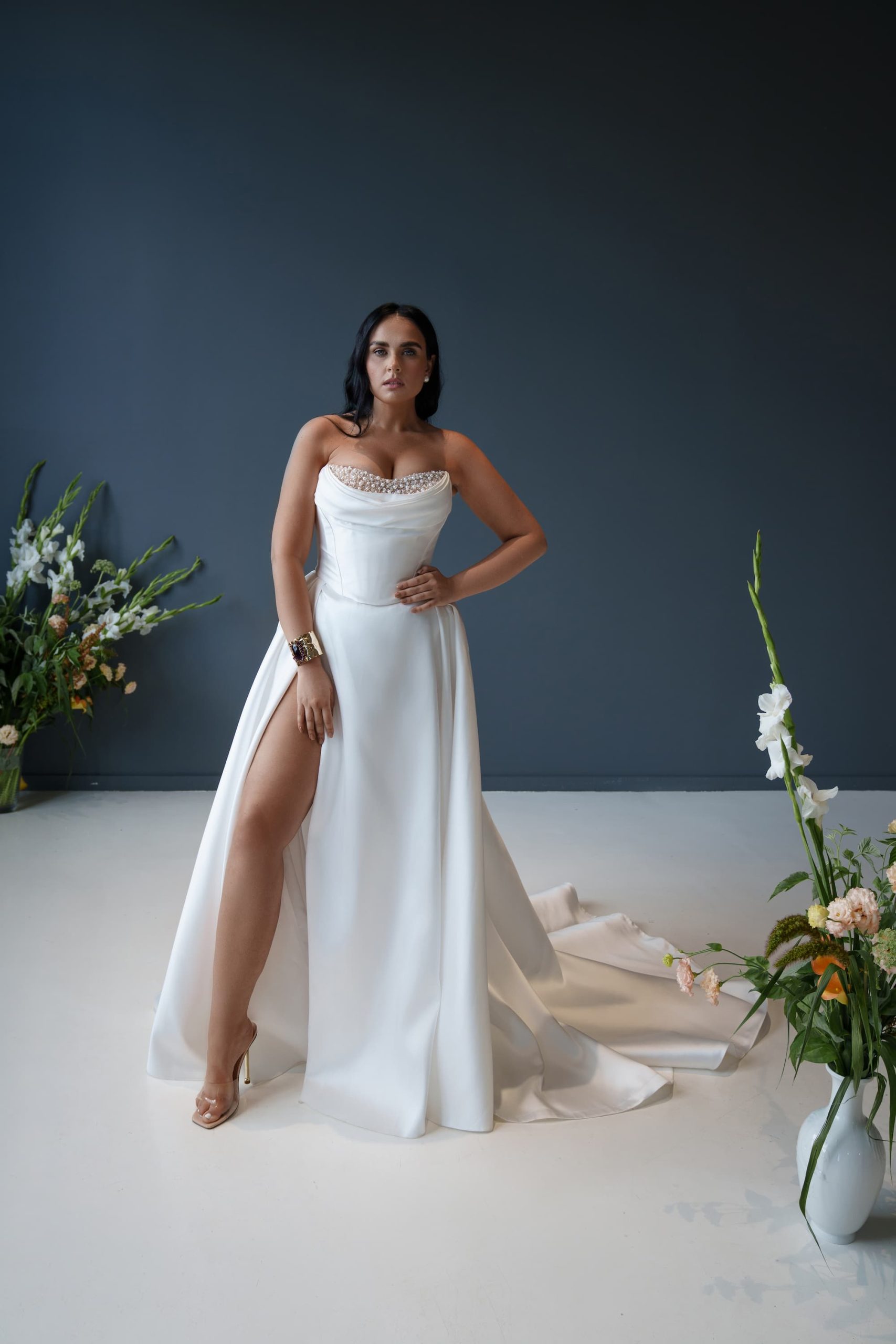 Elegant satin A-Line Wedding Dress Dorsey plus size with Pearl Embroidered Bodice and Slit Skirt at Dell'Amore Bridal, Auckland, NZ 5