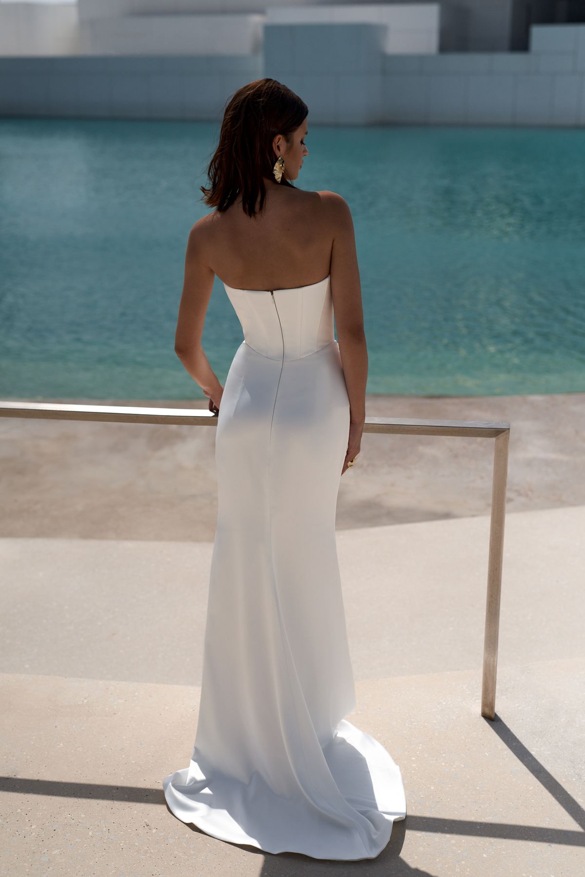 Low v-waistline satin fitted wedding dress Hale by romanova atelier at dellamore bridal, nz 2