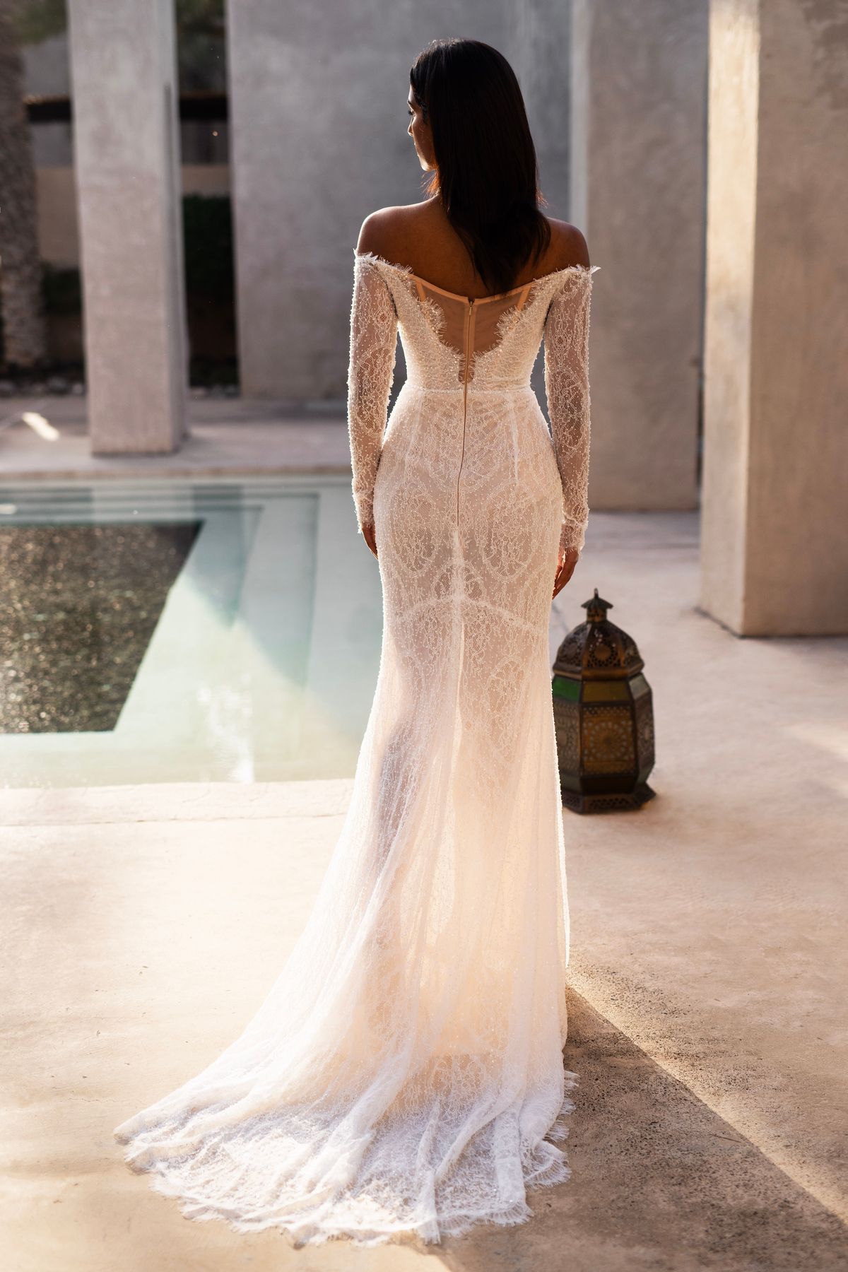 fitted lace bridal dress Samira with long sleeves by natalia romanova at dell'amore bridal, nz 1