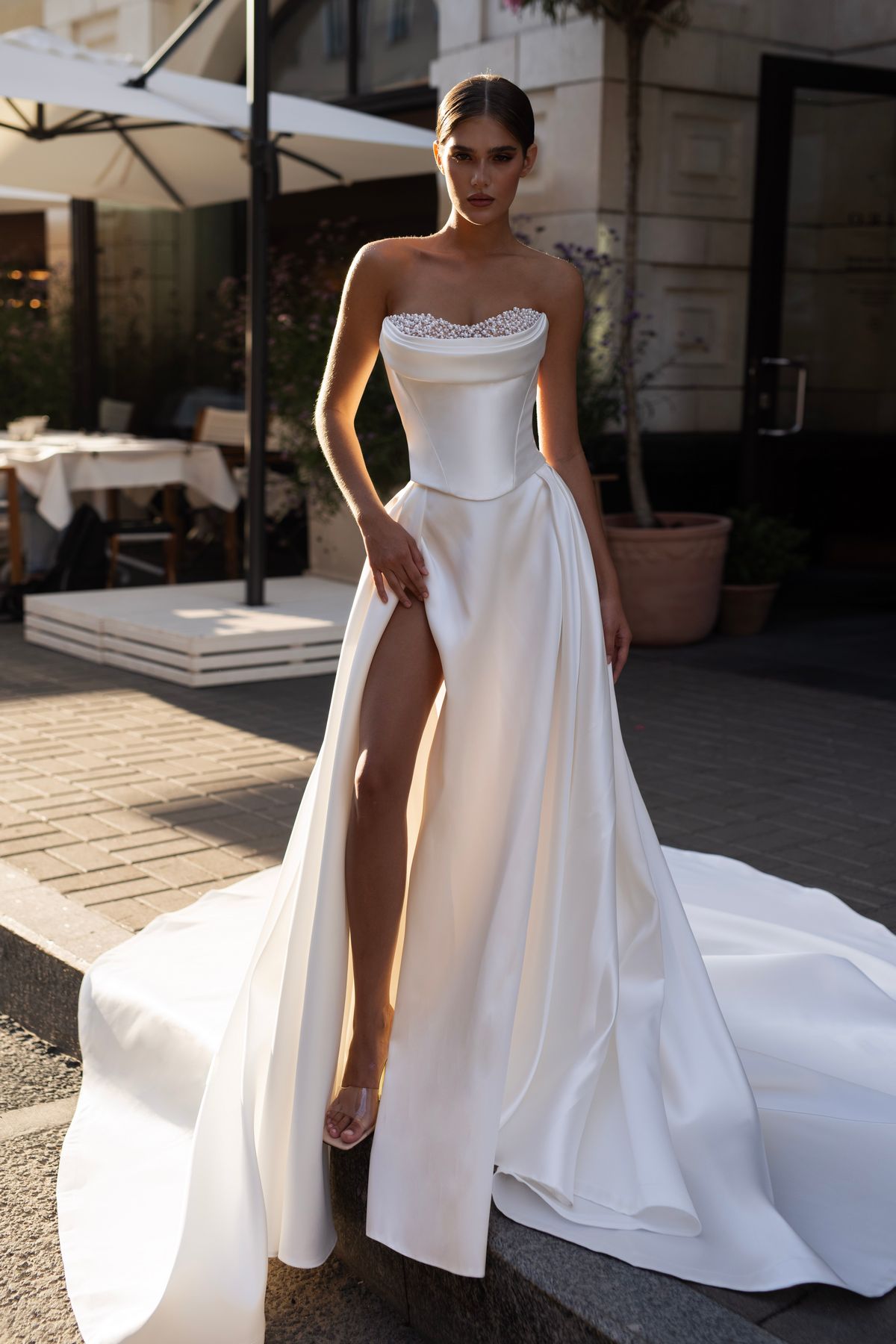 mikado A-line wedding dress with pearls by natalia romanova at dell'amore bridal, nz 1