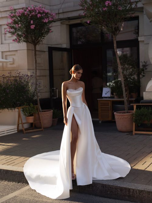 mikado A-line wedding dress with pearls by natalia romanova at dell'amore bridal, nz 3