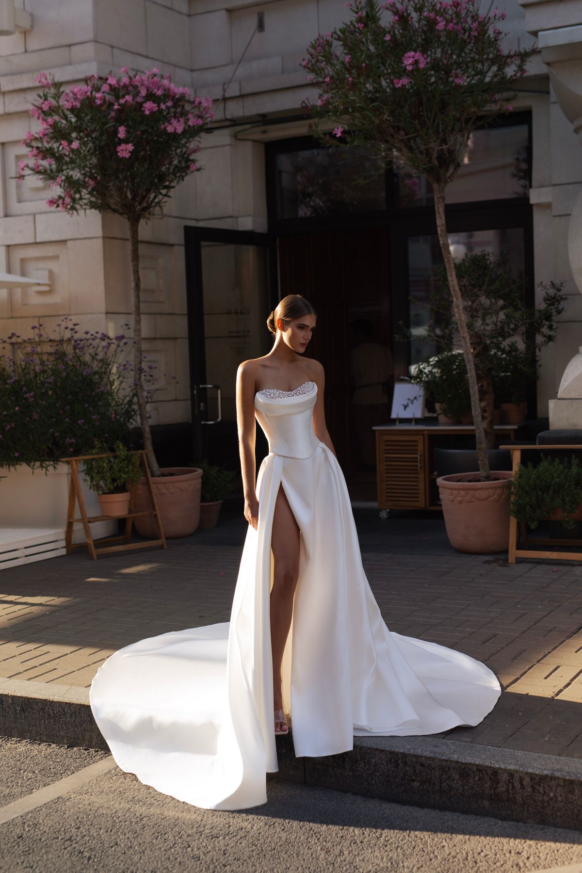 mikado A-line wedding dress with pearls by natalia romanova at dell'amore bridal, nz 3