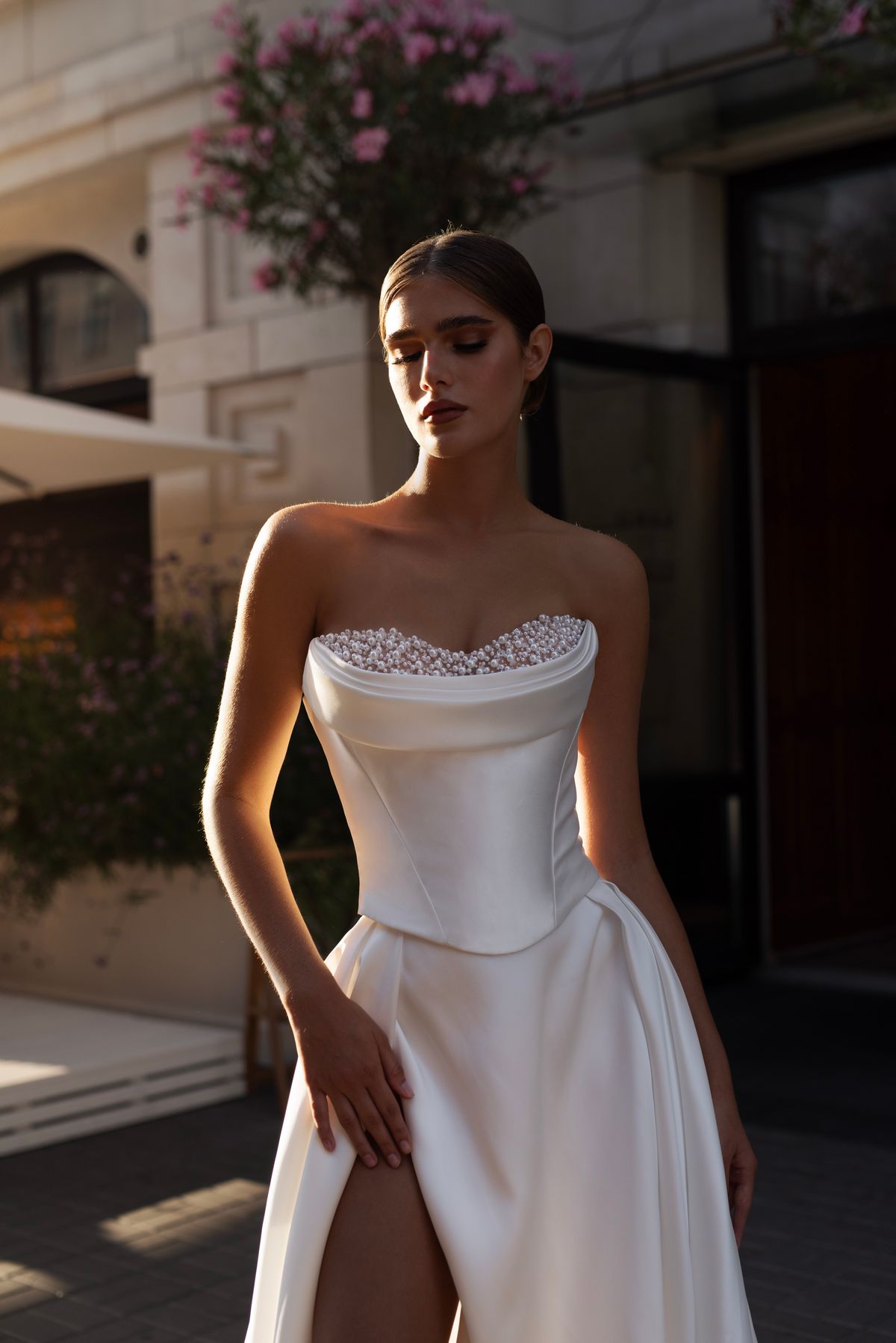 mikado A-line wedding dress with pearls by natalia romanova at dell'amore bridal, nz 4