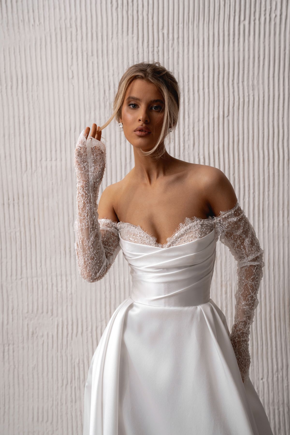 satin wedding dress Naila with lace neckline and lace sleeves by natalia romanova, nz 2