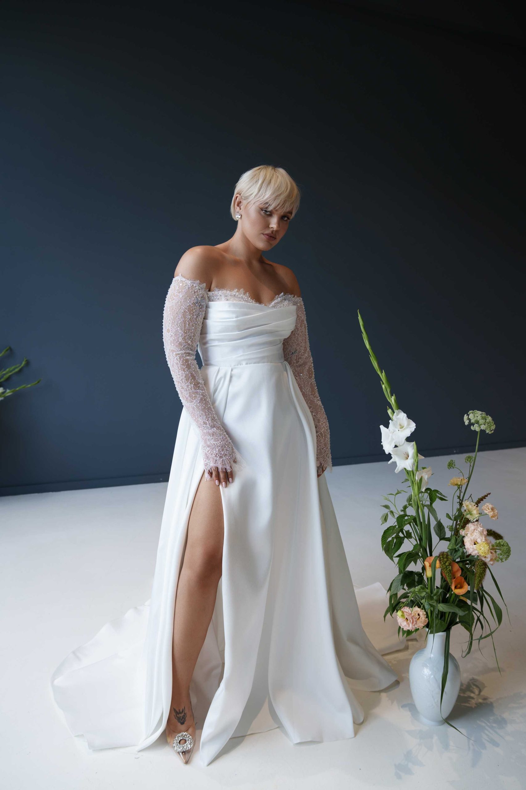 satin wedding dress Naila plus size with lace neckline and lace sleeves by natalia romanova, 4