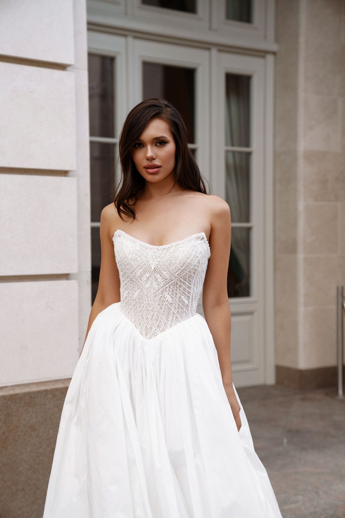 Taffeta wedding dress Abyss with removable sleeves and low waistline by sonesta at Dell'Amore bridal, Auckland, NZ 5