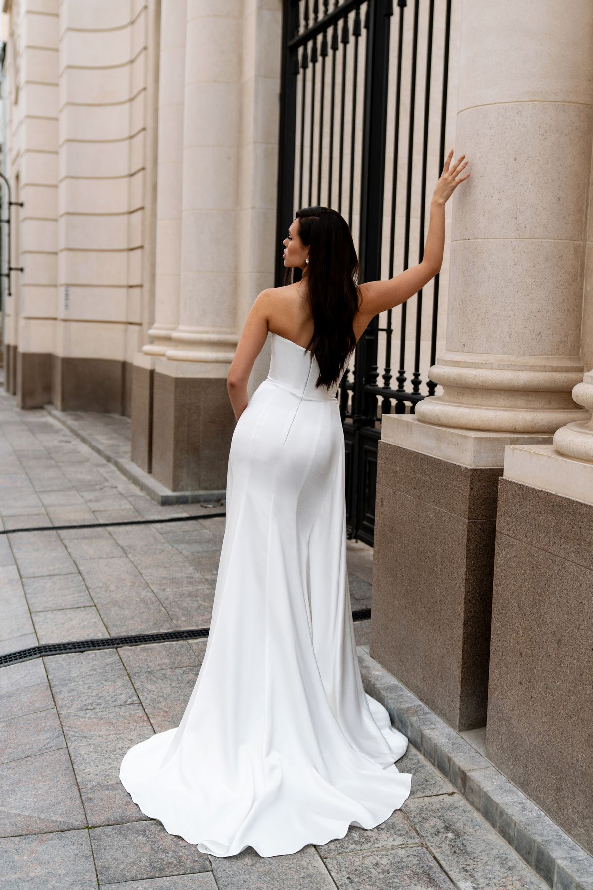 Ssatin wedding dress Balensoi with lace insert skirt and lace bolero by sonesta at Dell'Amore bridal, Auckland, NZ.