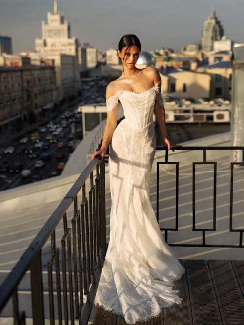 Lace fitted wedding dress Elvene with low waistline corset at Dell'Amore Bridal, Auckland, NZ. 1