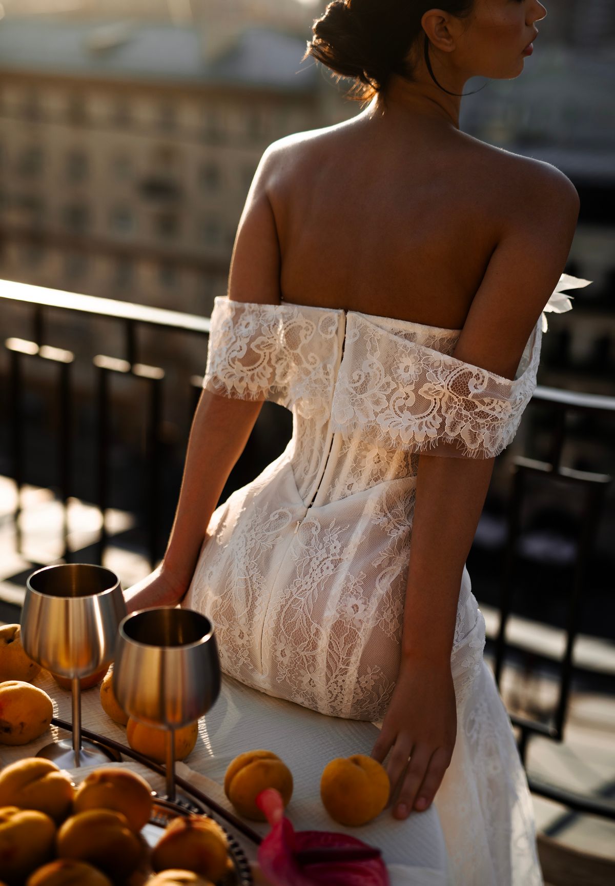 Lace fitted wedding dress Elvene with low waistline corset at Dell'Amore Bridal, Auckland, NZ. 3