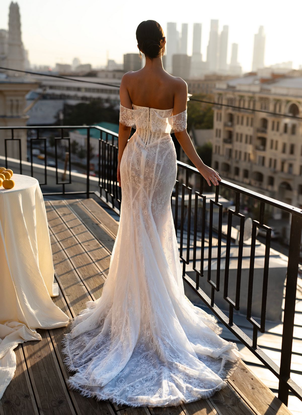 Lace fitted wedding dress Elvene with low waisltine corset at Dell'Amore Bridal, Auckland, NZ. 2