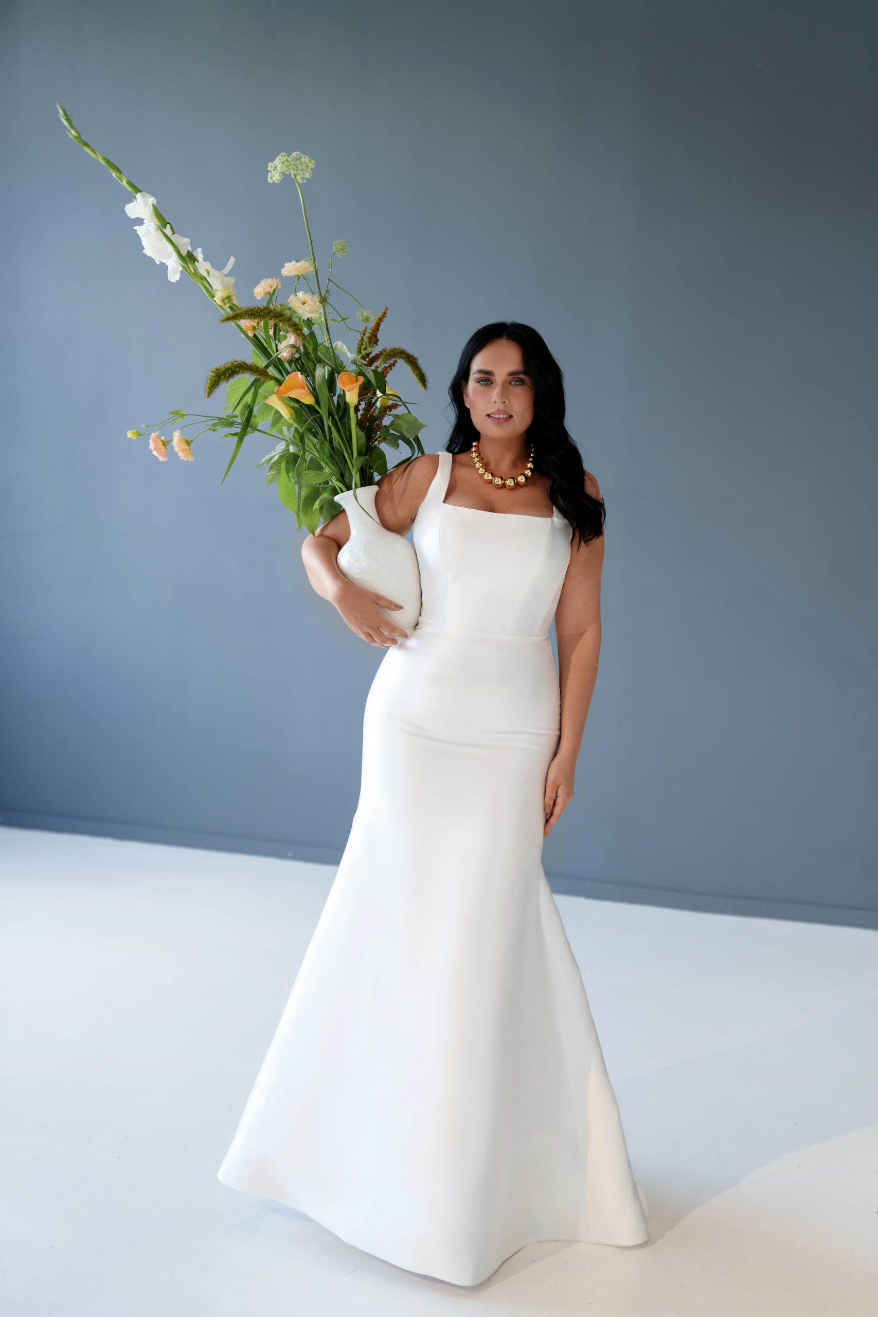 Satin wedding dress Farzet plus size with square neckline by Romanova at Dell'Amore Bridal, Auckland, NZ. 4