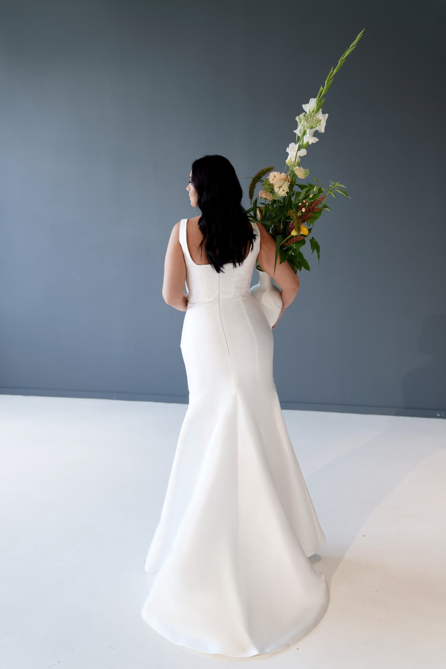 Satin wedding dress Farzet plus size with square neckline by Romanova at Dell'Amore Bridal, Auckland, NZ. 5