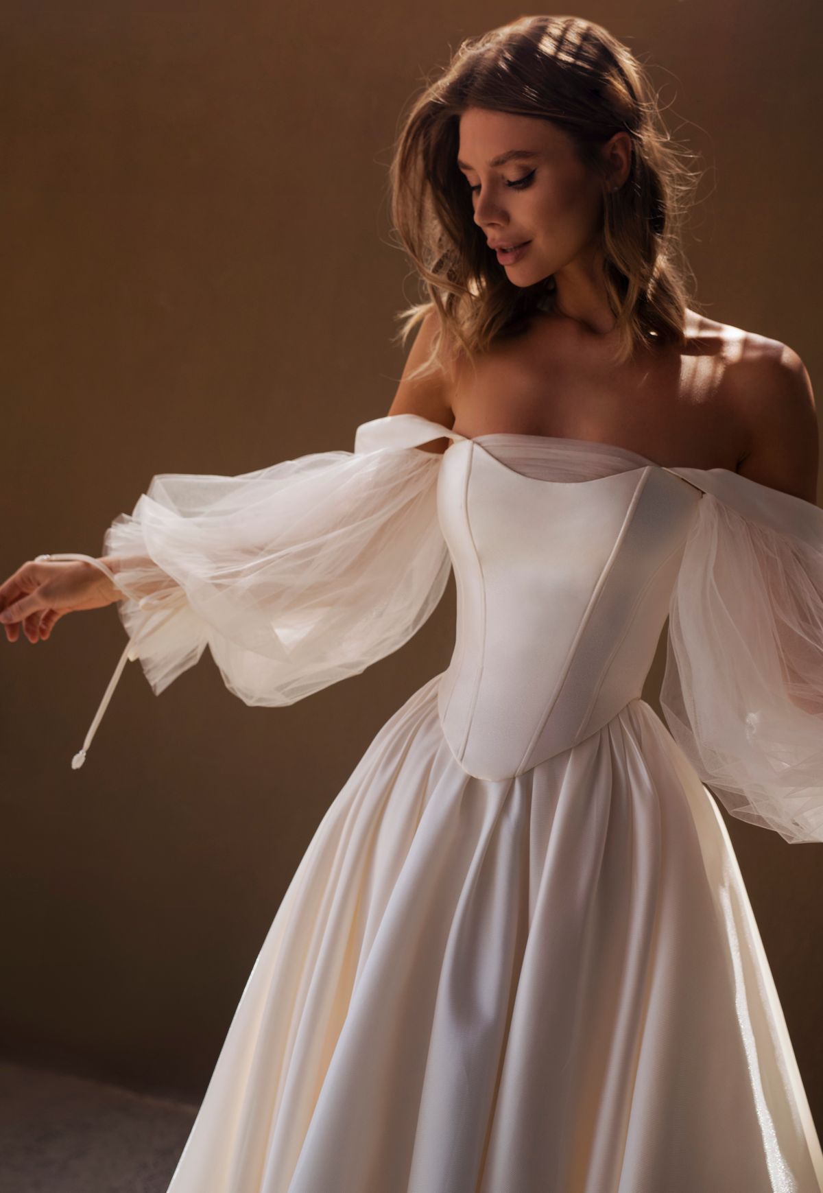 Satin wedding dress Godiva with low waisline corset at Dell'Amore Bridal, Auckland, NZ. 2