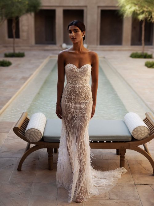 Lace wedding dress Karima with feathers by romanova at Dell'Amore bridal, Auckland, NZ 1