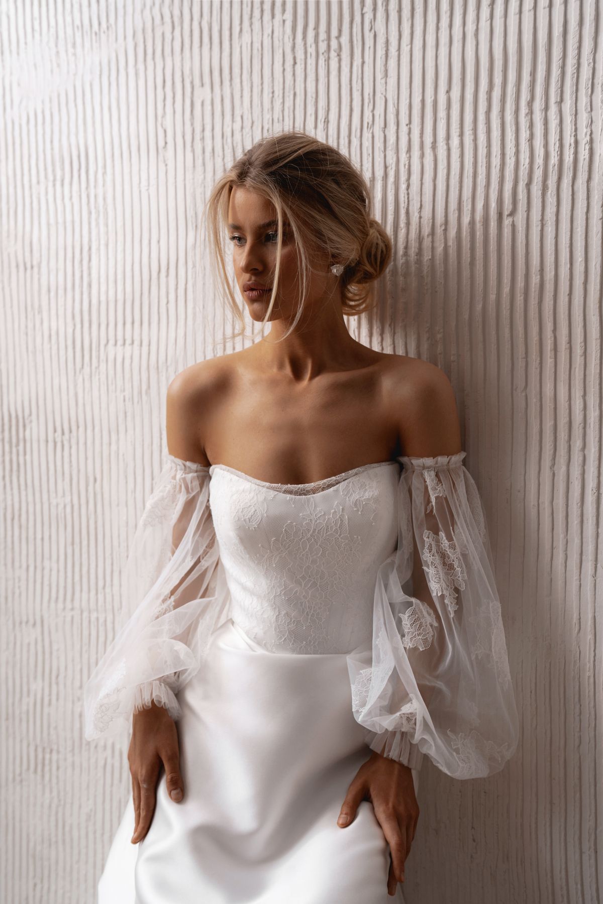 Satin wedding dress Minle with lace and removable sleeves by romanova at Dell'Amore bridal, Auckland, NZ 2