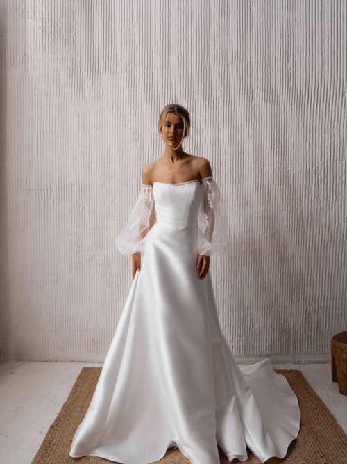 Satin wedding dress Minle with lace and removable sleeves by romanova at Dell'Amore bridal, Auckland, NZ 1