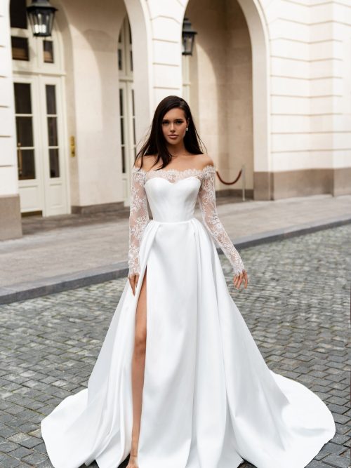 Satin wedding dress Wave with lace bolero by sonesta at Dell'Amore bridal, Auckland, NZ.1