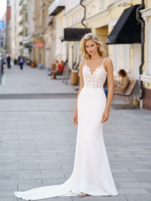 Satin wedding dress Blanche with lace top by Romanova at Dell'Amore bridal, Auckland, NZ. 1