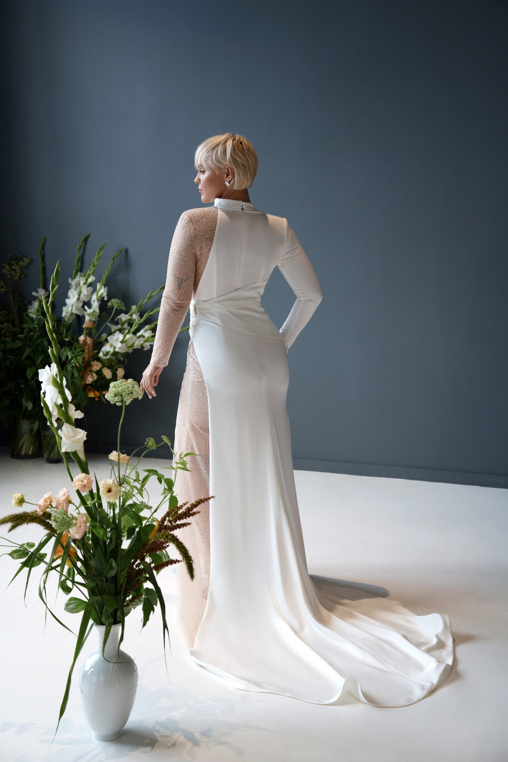 Satin glitter wedding dress Giselle plus size by romanova at Dell'Amore bridal, Auckland, NZ 6