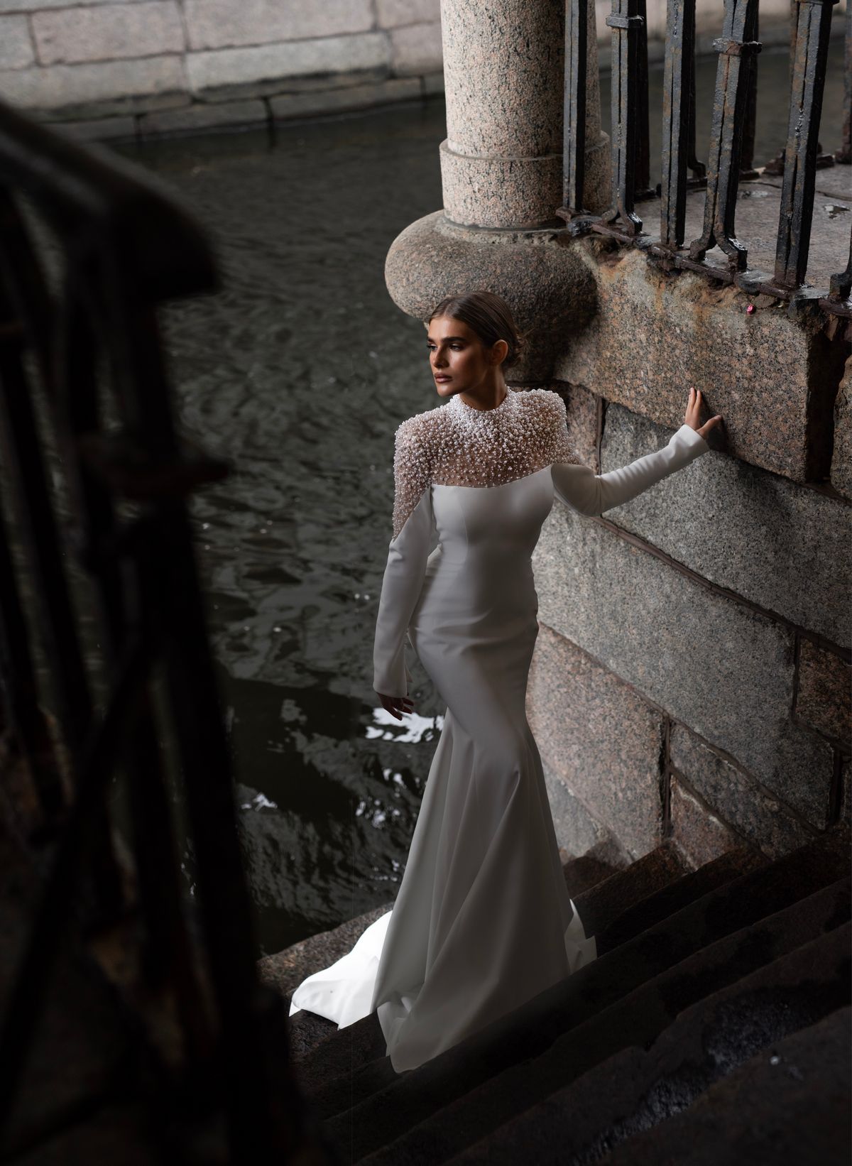 Satin wedding dress Marion with pearls by patricia couture at Dell'Amore bridal, Auckland, NZ 1