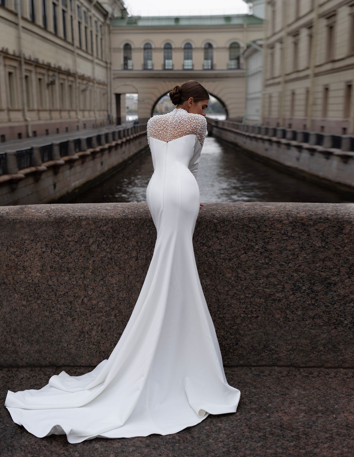 Satin wedding dress Marion with pearls by patricia couture at Dell'Amore bridal, Auckland, NZ 4