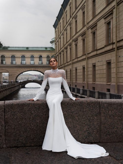 Satin wedding dress Marion with pearls by patricia couture at Dell'Amore bridal, Auckland, NZ