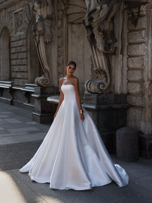 Elegant satin wedding dress Caprio with open back by Patricia Couture at Dell'Amore bridal, Auckland, NZ. 1