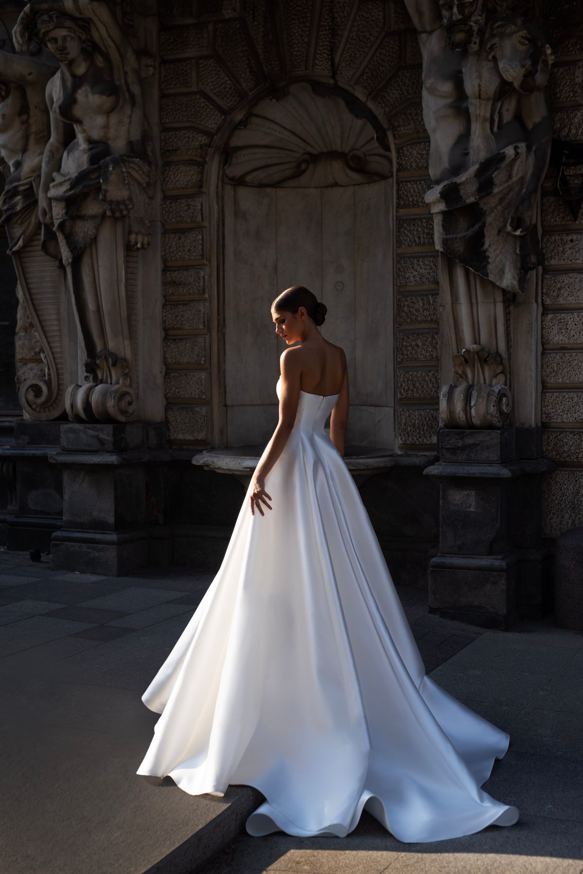 Elegant satin wedding dress Caprio with open back by Patricia Couture at Dell'Amore bridal, Auckland, NZ 2