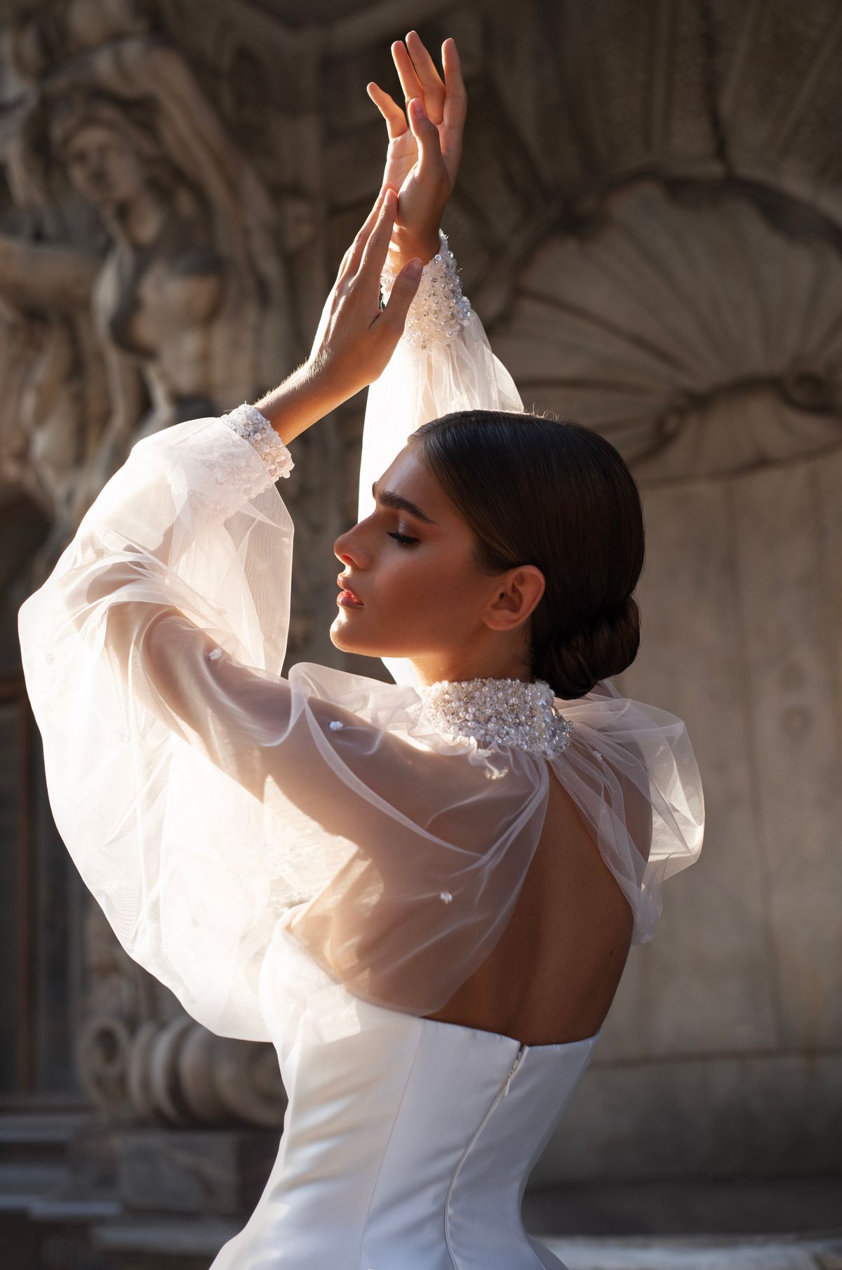 Elegant satin wedding dress Caprio with open back by Patricia Couture at Dell'Amore bridal, Auckland, NZ 5