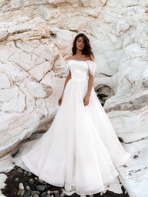 Organza off shoulder wedding dress Sunset by Romanova Atelier at Dell'Amore Bridal, Auckland, NZ 1