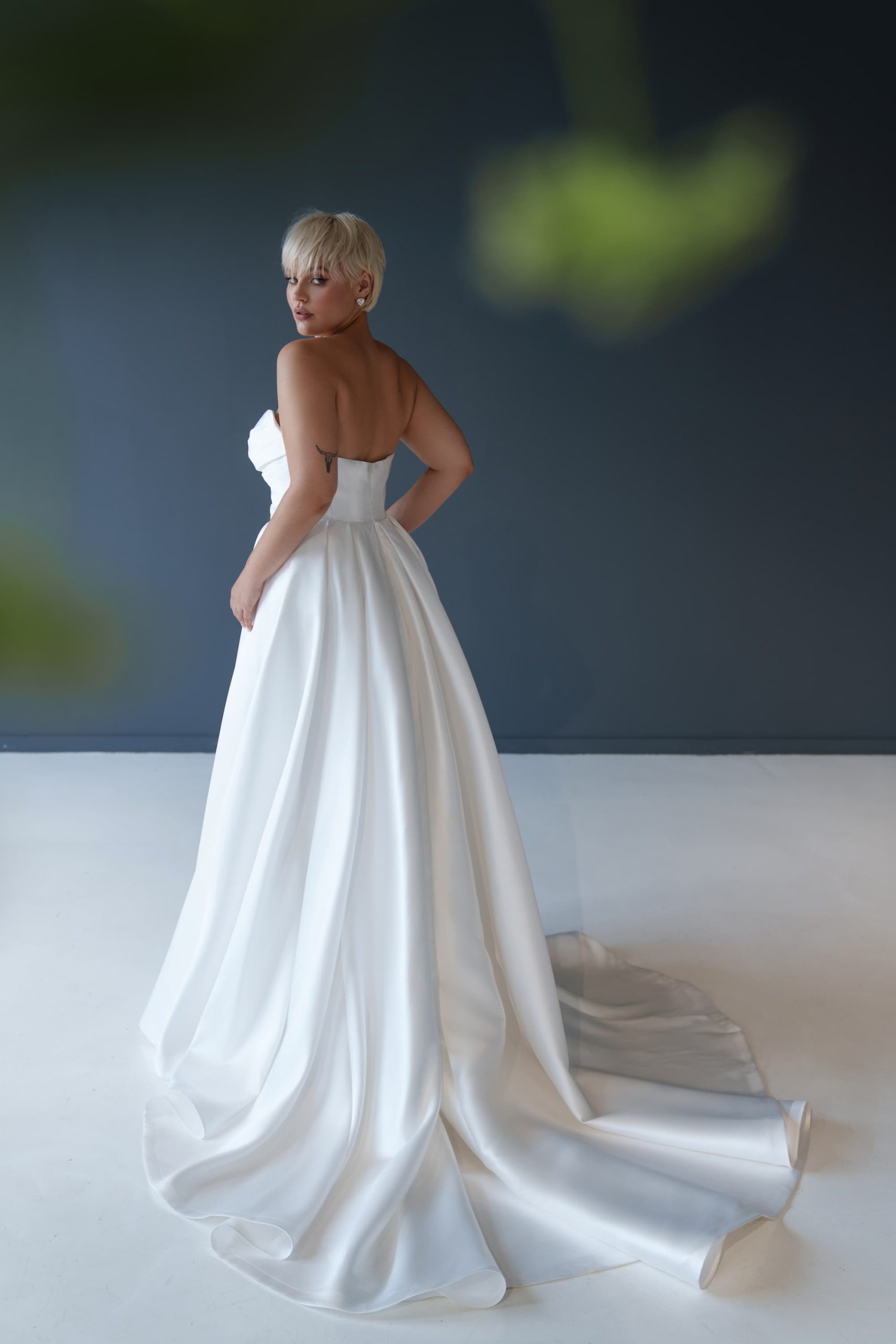 Satin wedding dress Barbel plus size with open shoulders and a slit skirt by Patricia Couture at Dell'Amore Bridal, Auckland, NZ 7