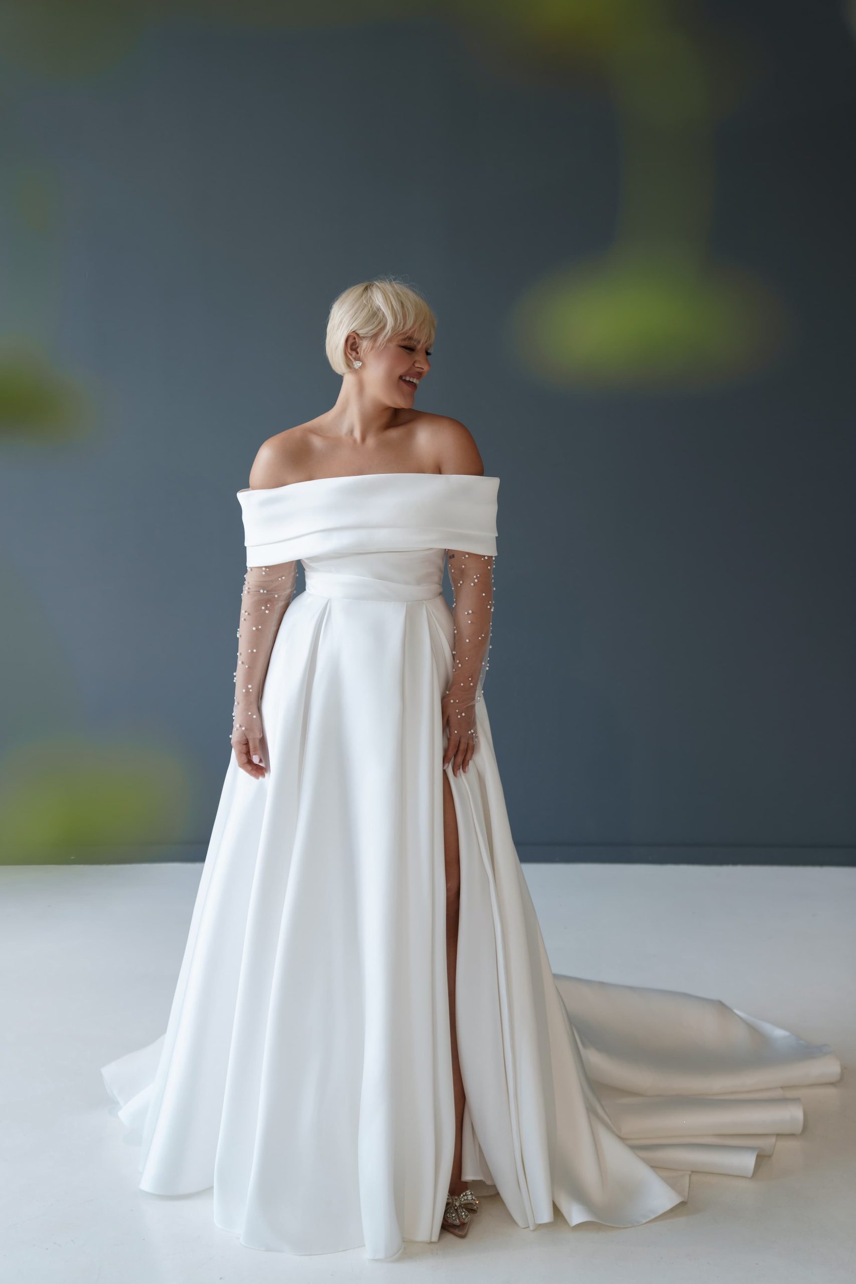 Satin wedding dress Barbel plus size with open shoulders and a slit skirt by Patricia Couture at Dell'Amore Bridal, Auckland, NZ 8