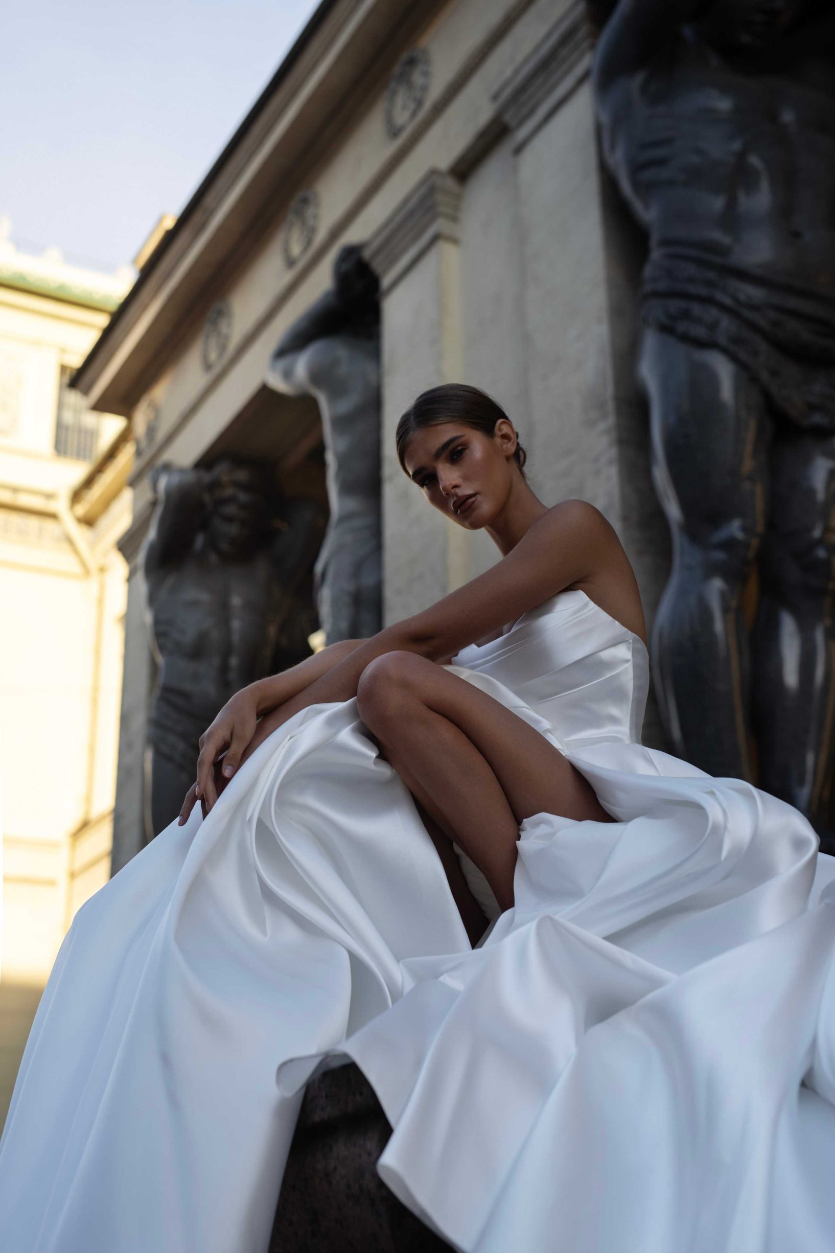 Satin wedding dress Barbel with open shoulders and a slit skirt by Patricia Couture at Dell'Amore Bridal, Auckland, NZ 4