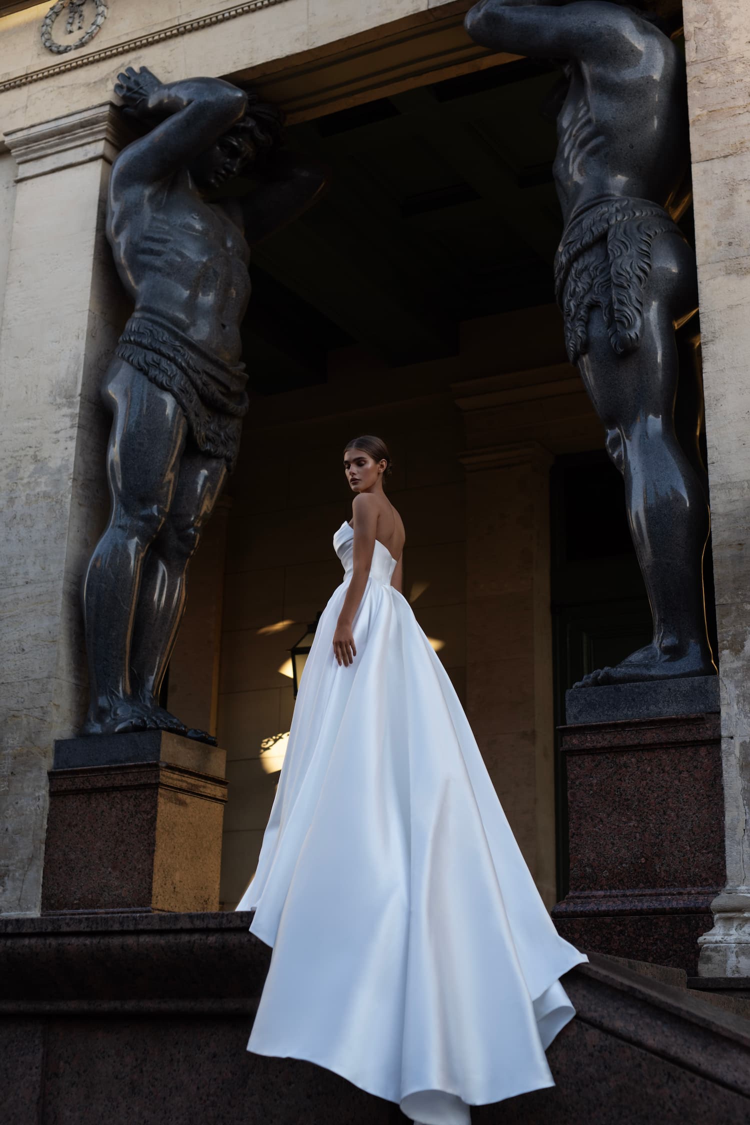 Satin wedding dress Barbel with open shoulders and a slit skirt by Patricia Couture at Dell'Amore Bridal, Auckland, NZ 5