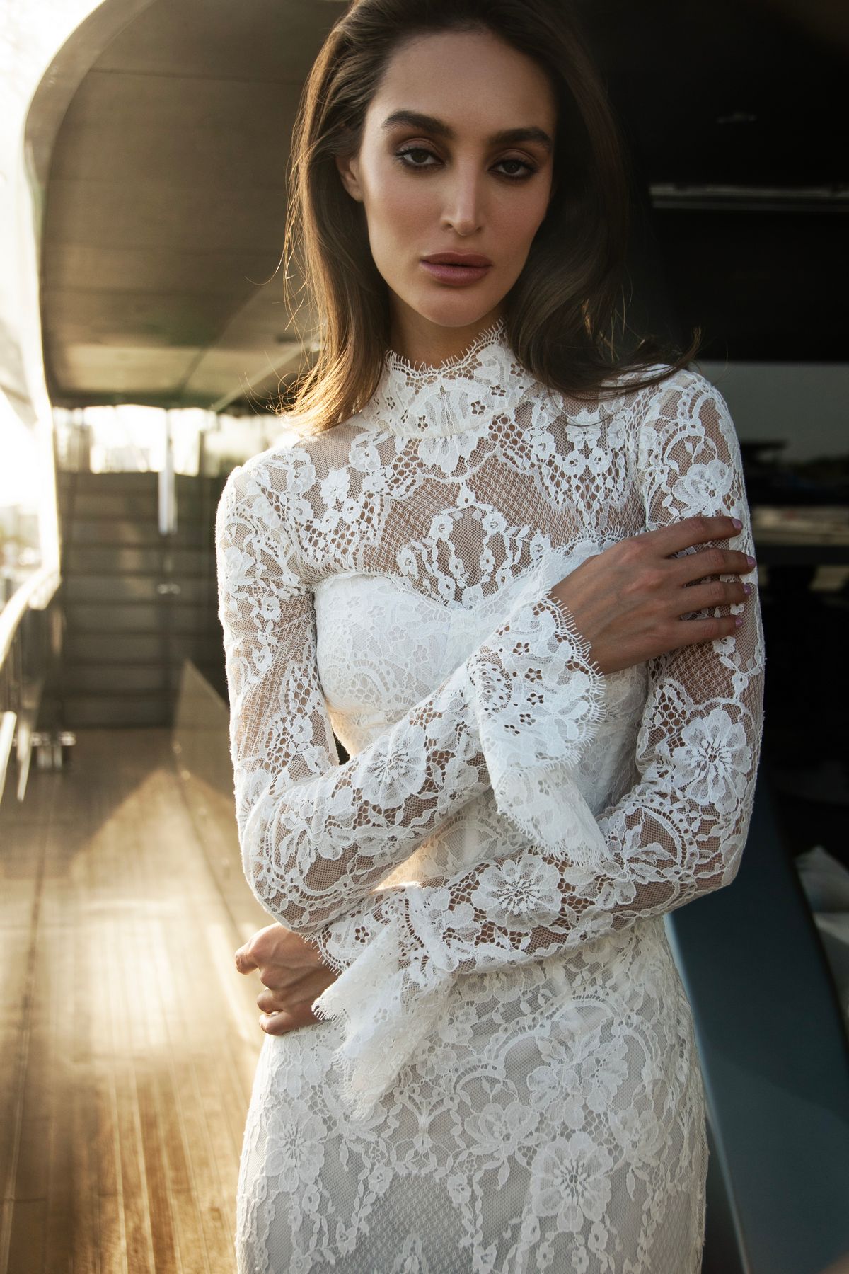 fitted silhouette lace wedding dress Marseille with removable lace bolero by patricia couture at Dell'Amore Bridal, NZ 4