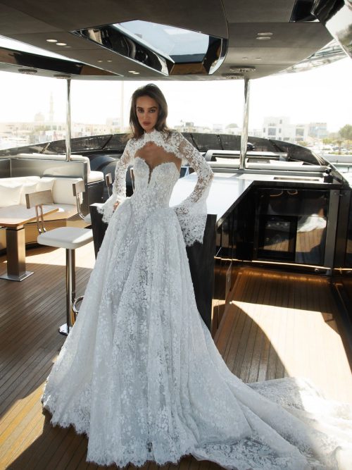 strapless lace wedding dress Venice with basque waist by patricia couture at Dell'Amore Bridal, NZ. 2