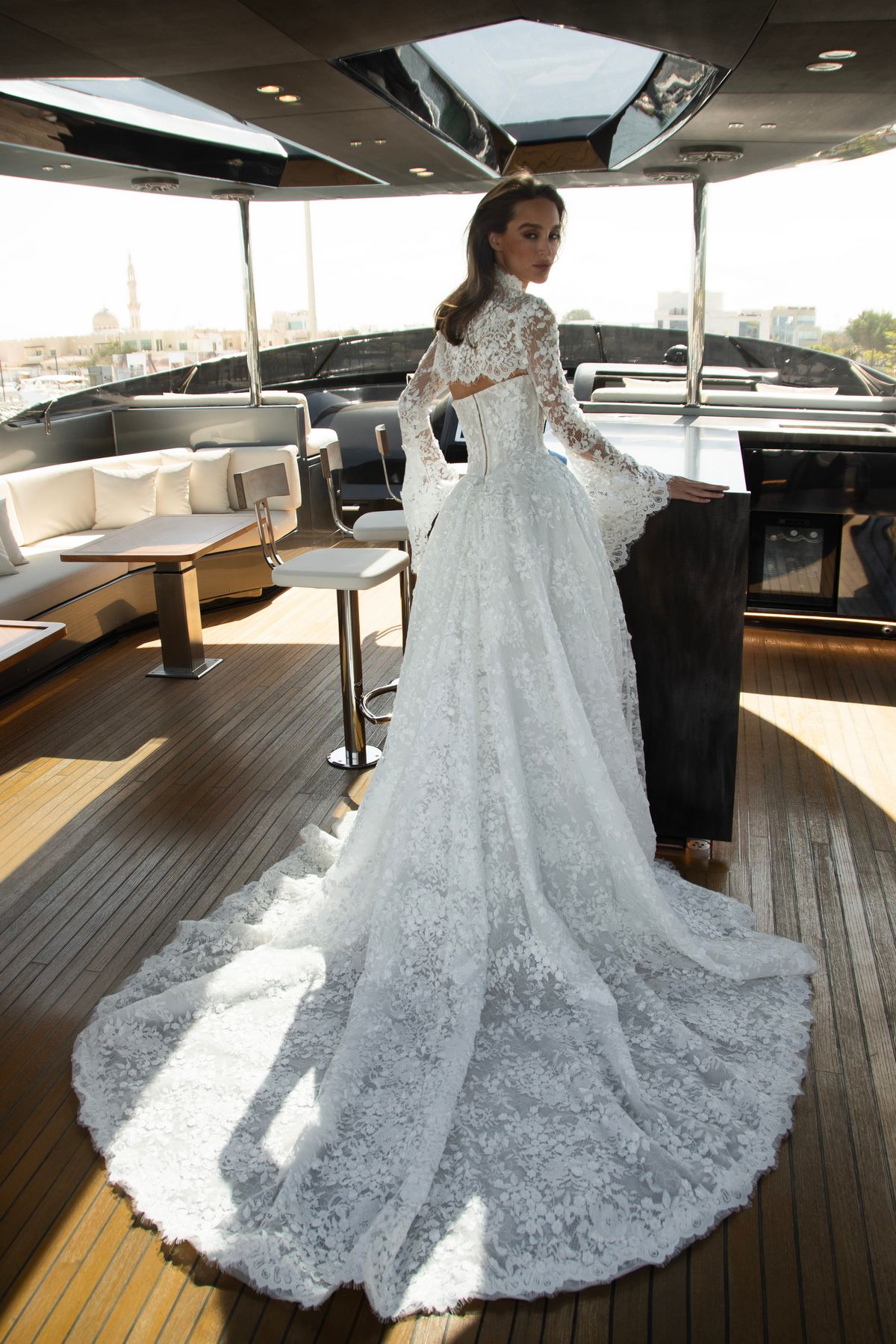 strapless lace wedding dress Venice with basque waist by patricia couture at Dell'Amore Bridal, NZ. 3