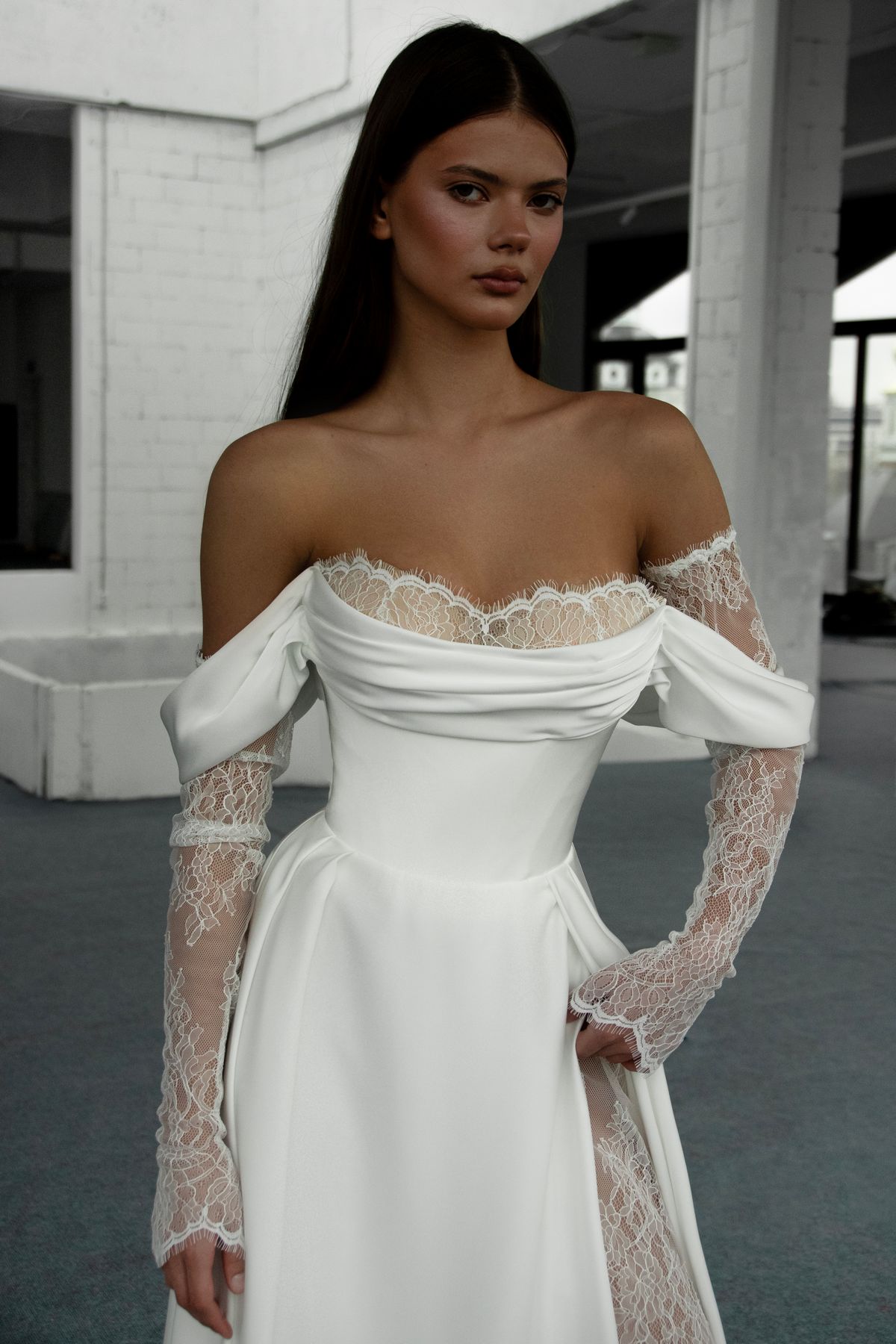 Wedding dress Flanri with lace sleeves and lace neckline by sonesta at dell'amore bridal nz (4)