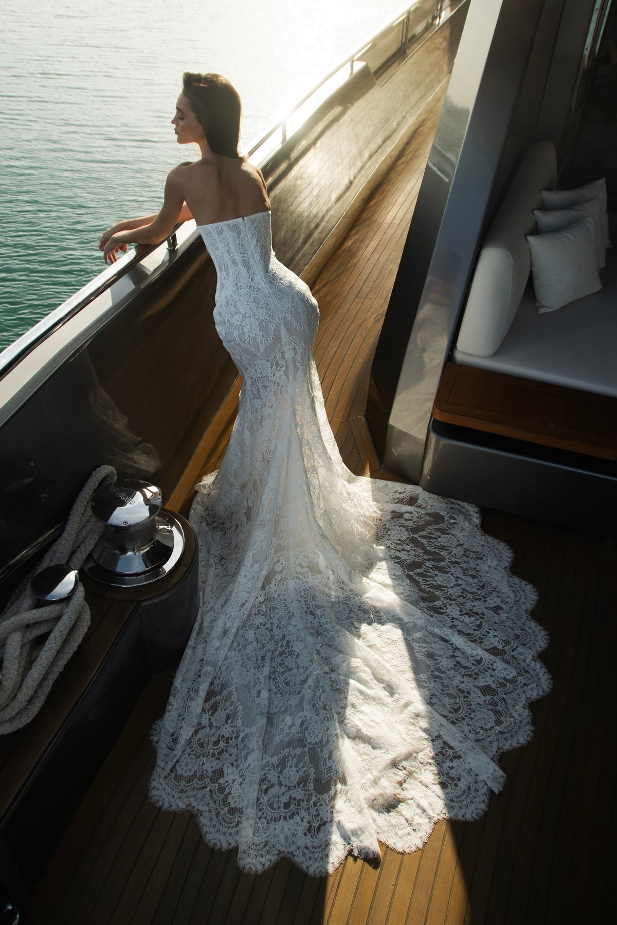 fitted silhouette lace wedding dress Marseille with removable lace bolero by patricia couture at Dell'Amore Bridal, NZ 2