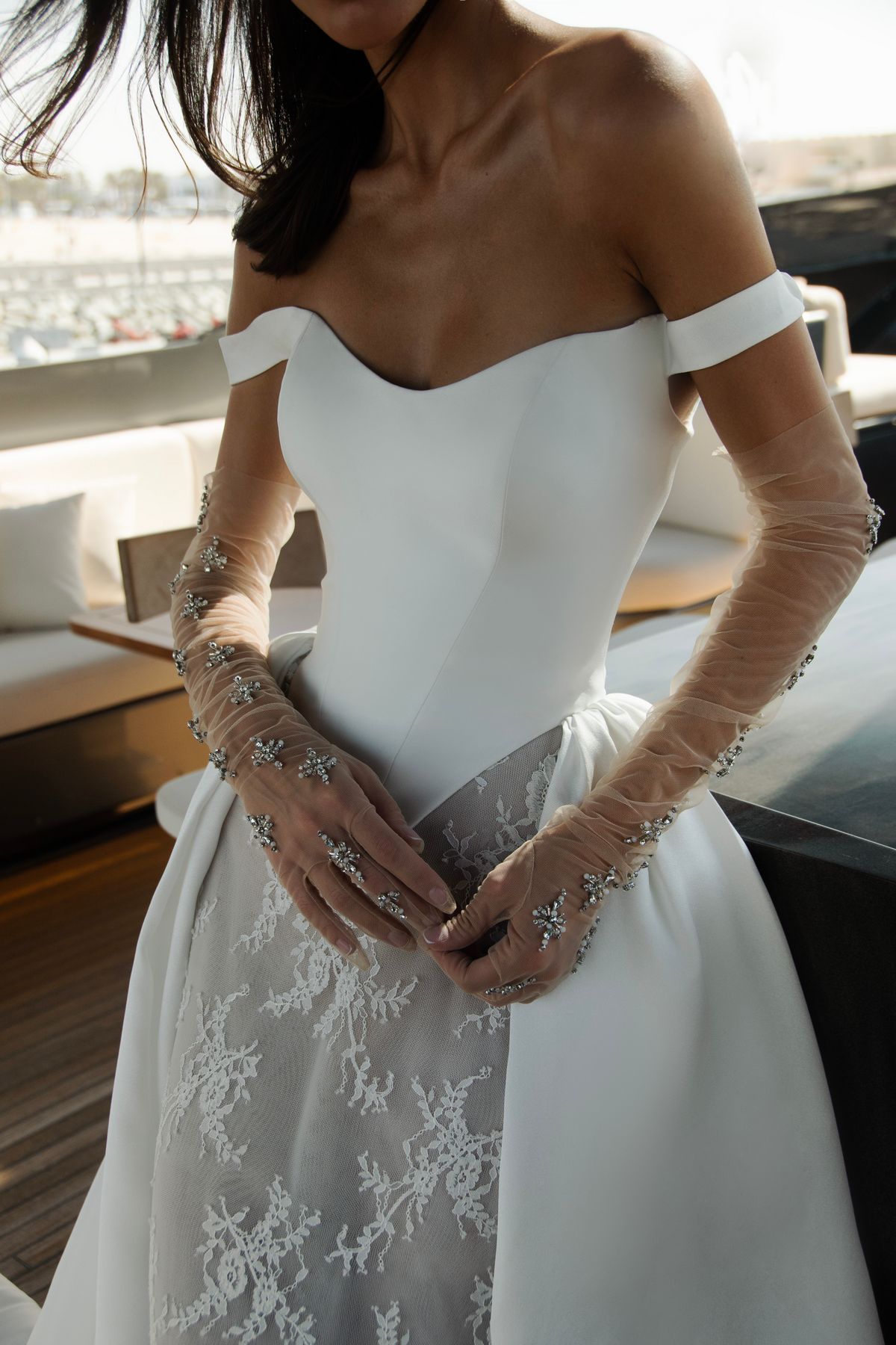 satin lace wedding dress Beauty with removable corset and skirt by patricia couture at Dell'Amore Bridal, NZ. 5