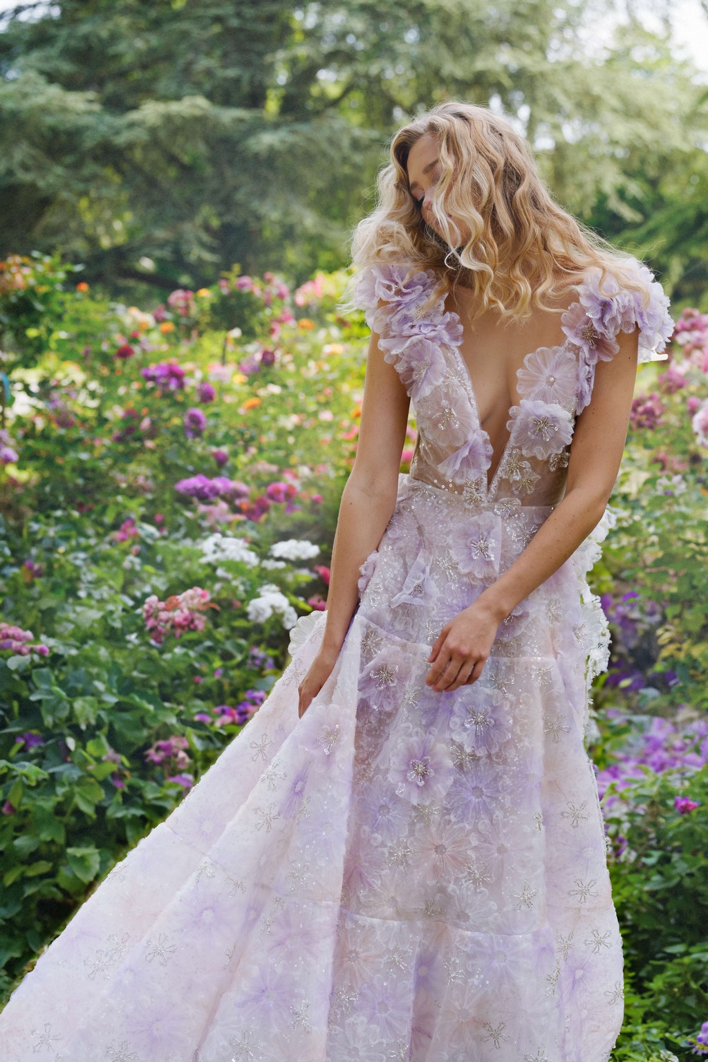 A-line lilac wedding dress Canary with a deep V-neck by rara avis at Dell'Amore Bridal, NZ 5