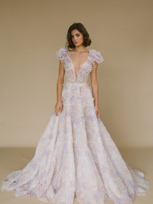 A-line lilac wedding dress Canary with a deep V-neck by rara avis at Dell'Amore Bridal, NZ 3
