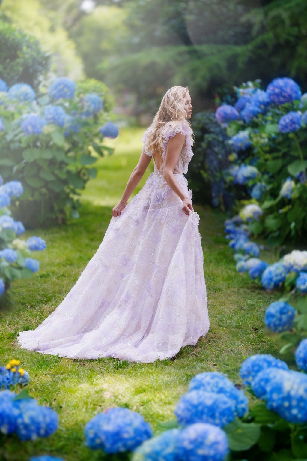 A-line lilac wedding dress Canary with a deep V-neck by rara avis at Dell'Amore Bridal, NZ 1